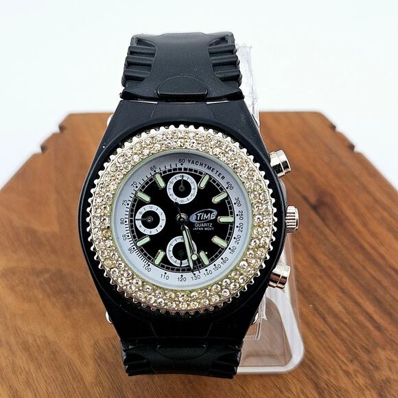 ETime Women's Double Halo Bling Watch Black Band Multifunction Bold Statement - Picture 1 of 6